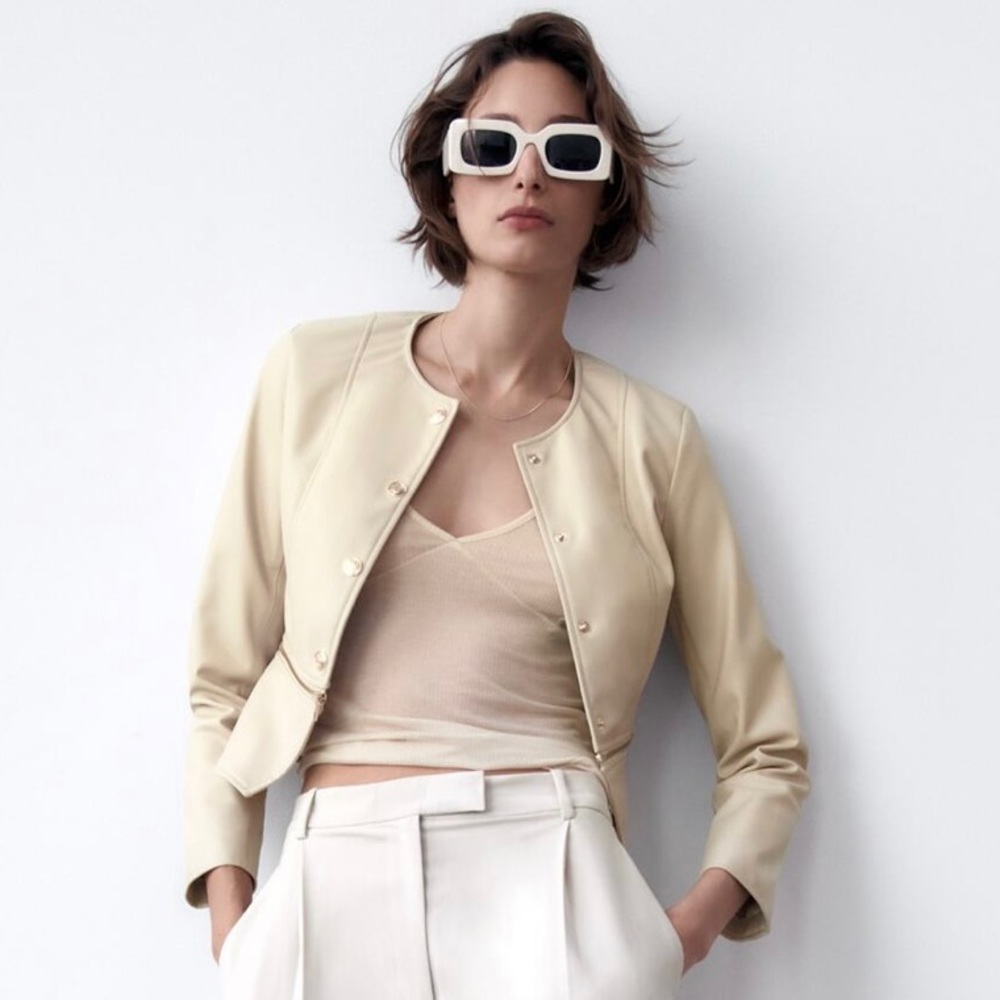 Zara Size Small Faux Leather Zippered Jacket in Color Cream
